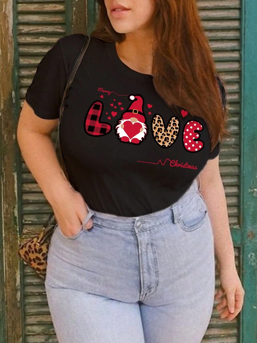 SHEIN EZwear 大尺寸卡通及文字印花短袖t恤 - 黑色 - 查看 1