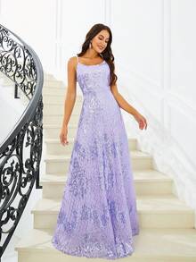 Missord Spaghetti Strap Sequin Evening Party Formal Dress - Purple - View 4