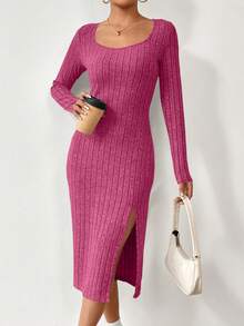 SHEIN Essnce 純色高開衩長袖連身裙 - 玫紅色 - 查看 3