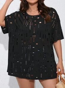 SHEIN LUNE Kích thước lớn Quý cô Dệt kim Lỏng lẻo phù hợp Xu hướng: Cắt giảm Áo - màu đen - Xem 5