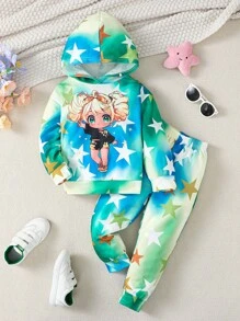 SHEIN 女童數碼印花星星卡通休閒套裝,長袖連帽衛衣搭配長褲,可愛適合秋冬穿著 - 彩色 - 查看 4