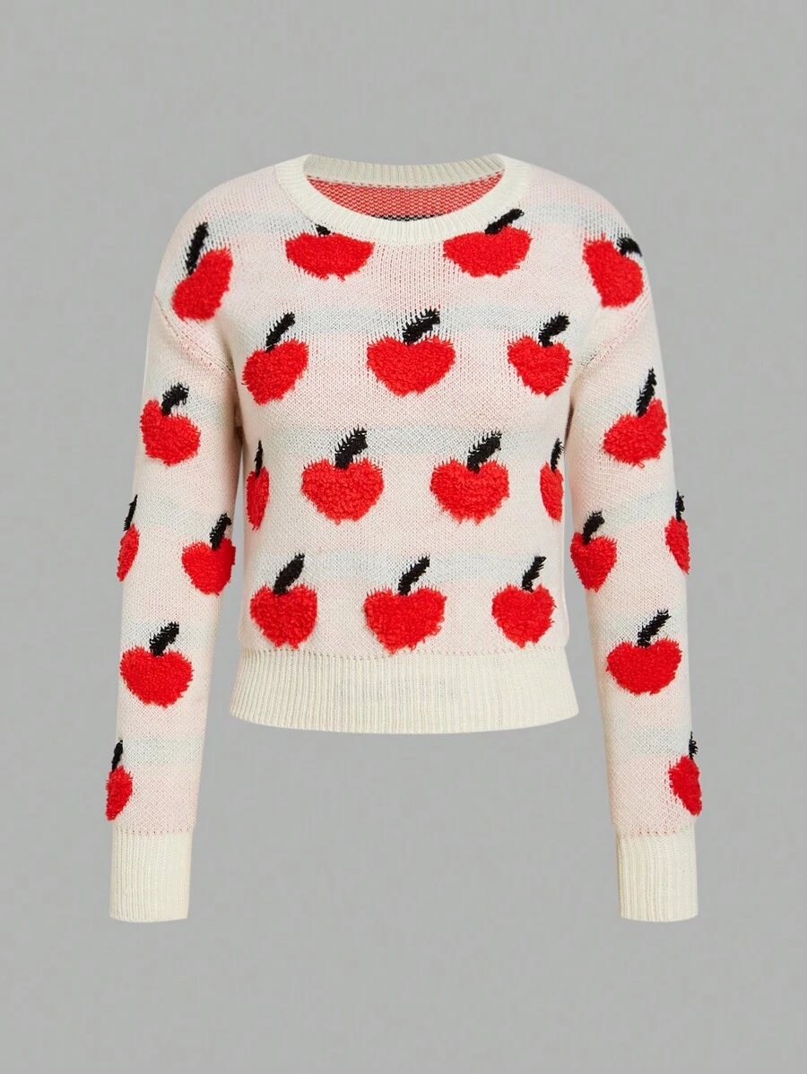 Teen Girl Apple Pattern Drop Shoulder Sweater - Apricot - View 1