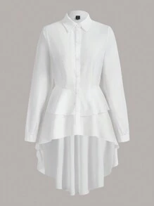 SHEIN Clasi Áo sơ mi nữ thiết kế xếp nếp cao thấp có viền bèo nhún nhiều lớp - trắng - Xem 1