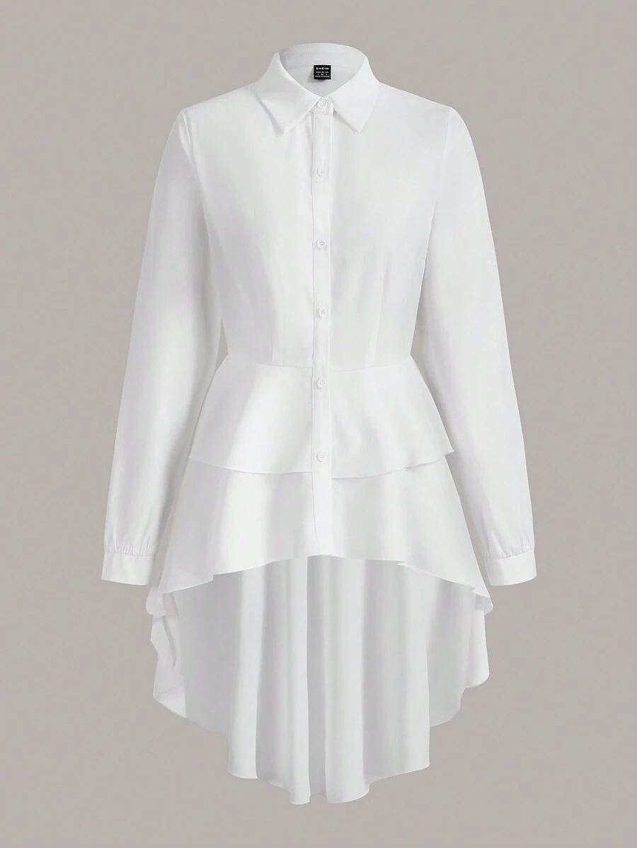 SHEIN Clasi Áo sơ mi nữ thiết kế xếp nếp cao thấp có viền bèo nhún nhiều lớp - trắng - Xem 1