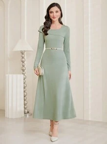 Modelyn Solid Color Beltless Dress Without Collar - Green - View 5