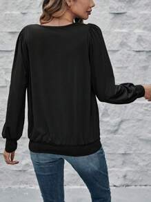 SHEIN LUNE Solid Plicated Detail Lantern Sleeve Sweatshirt - Black - View 6