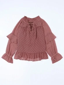 Chấm Swiss tay áo lá sen Viền Ruffle Cà vạt Áo sơ mi Peplum - Đỏ - Xem 5