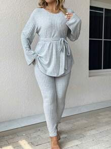 SHEIN LUNE Plus Size Cropped Top And Flared Pants Set With Ribbed Design - Light Grey - View 5