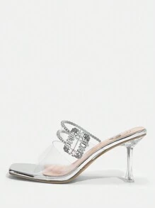 SheIn SXY 鑽石和扣式絲帶高跟穆勒拖鞋