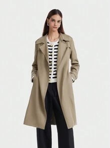 Goelia 100% 美麗諾羊毛純色自繫腰帶風衣 - 綠色 - 查看 1