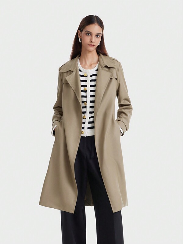  Abrigo De Trinchera Sólido Con Cinturón Para Mujer 100% Lana Merino Goelia