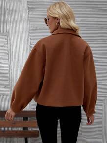 SHEIN LUNE Women's Notched Lapel Drop Shoulder Woolen Coat - Khaki - View 2