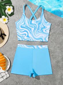 Tween Girl Marble Print Tank Top & Shorts Tankini Set - Multicolor - View 1