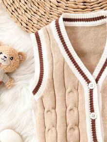 男童条纹拼布装饰边纽扣背心开衫 - 卡其色 - 查看 4