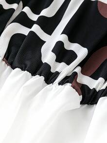 SHEIN LUNE Plus Size Geometric Printed Color Block Lantern Sleeve Top - Multicolor - View 4