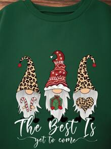 SHEIN LUNE Women's Christmas Gnome Printed Round Neck Fleece Sweatshirt - Dark Green - View 3