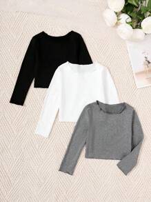 SHEIN 幼兒女童純色長袖t卹,適用於秋冬季 - 彩色 - 查看 1
