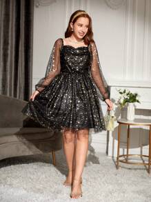 SHEIN 青少年女孩燈籠袖星系網紗覆蓋洋裝 - 黑色 - 查看 4