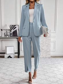 SHEIN Clasi Solid Single Button Blazer & Split Hem Pants - Blue - View 5