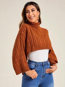 SHEIN Frenchy 1pc Turtleneck Cable Knit Poncho - Khaki - View 5