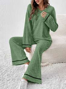 SHEIN Frenchy Viền tương phản Áo thun Thả vai & Quần - xanh quân đội - Xem 1