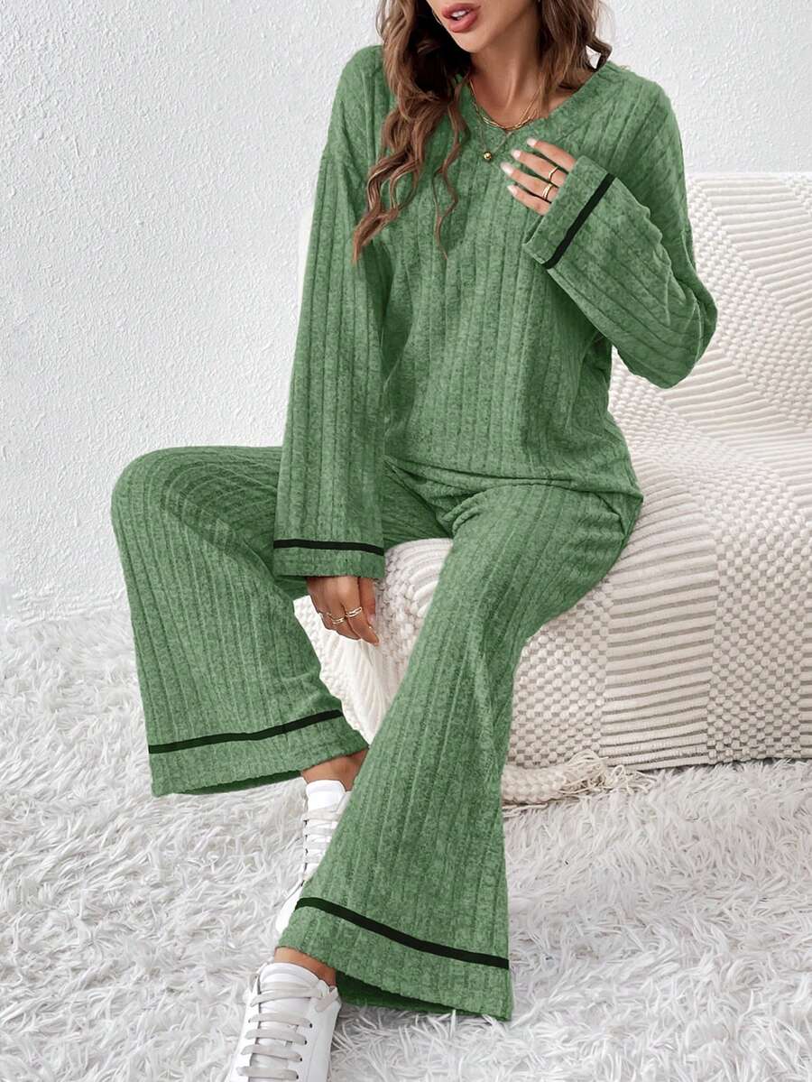 SHEIN Frenchy Viền tương phản Áo thun Thả vai & Quần - xanh quân đội - Xem 1