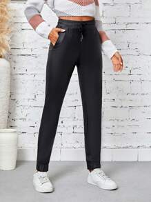 SHEIN LUNE Women's Fashionable Casual Solid Color Drawstring Waist Slim-Fit Long Pants Fall Cloth For Women - Black - View 4