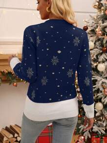 SHEIN LUNE 女士麋鹿和雪花圖案圓領拼色毛衣 - 藍色 - 查看 2