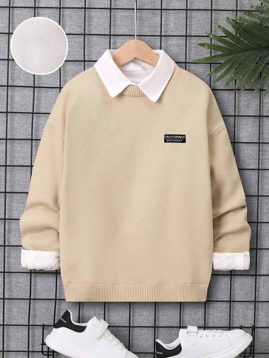 SHEIN Tween Boy Letter Patched Contrast Collar Drop Shoulder Sweater Without Shirt - Khaki - View 1