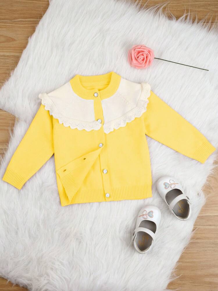 Baby Girls' Color Block Knitted Cardigan With Scallop Edge