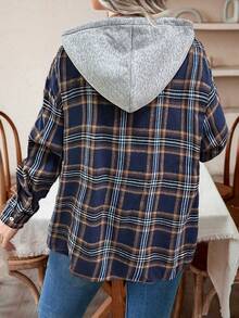 Calvaya Plus Size Hooded Plaid Drawstring Casual Shirt - Navy Blue - View 2