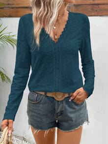 SHEIN Frenchy Women's Solid Color Hollow Embroidered Lace Patchwork T-shirt - Royal Blue - View 4