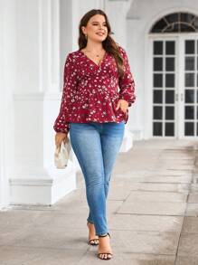 SHEIN Clasi 加上花卉印花燈籠袖荷葉邊襯衫 - 彩色 - 查看 5