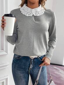 SHEIN Frenchy 蕾絲拼接毛衣 - 灰色 - 查看 4