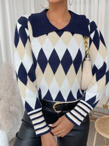 SHEIN LUNE Áo len nữ dệt kim họa tiết caro hình thoi, thích hợp cho mùa thu đông. - Nhiều màu - Xem 5
