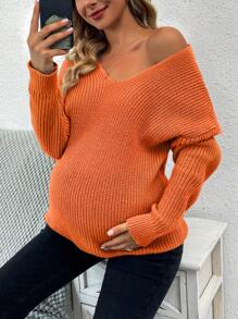 SHEIN Maternity Deep V-Neck Ribbed Knitted Drop Shoulder Sweater - Orange - View 1