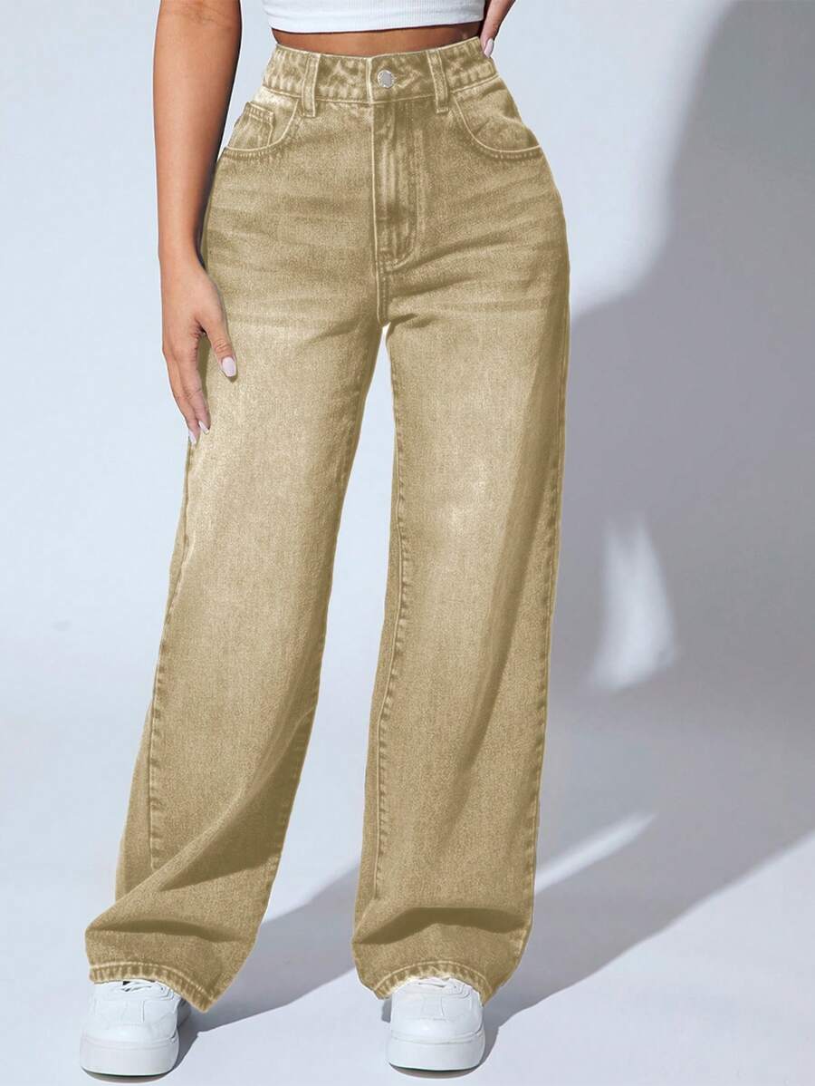 SHEIN PETITE Jeans de pierna recta de talle alto - Caqui - Ver 1