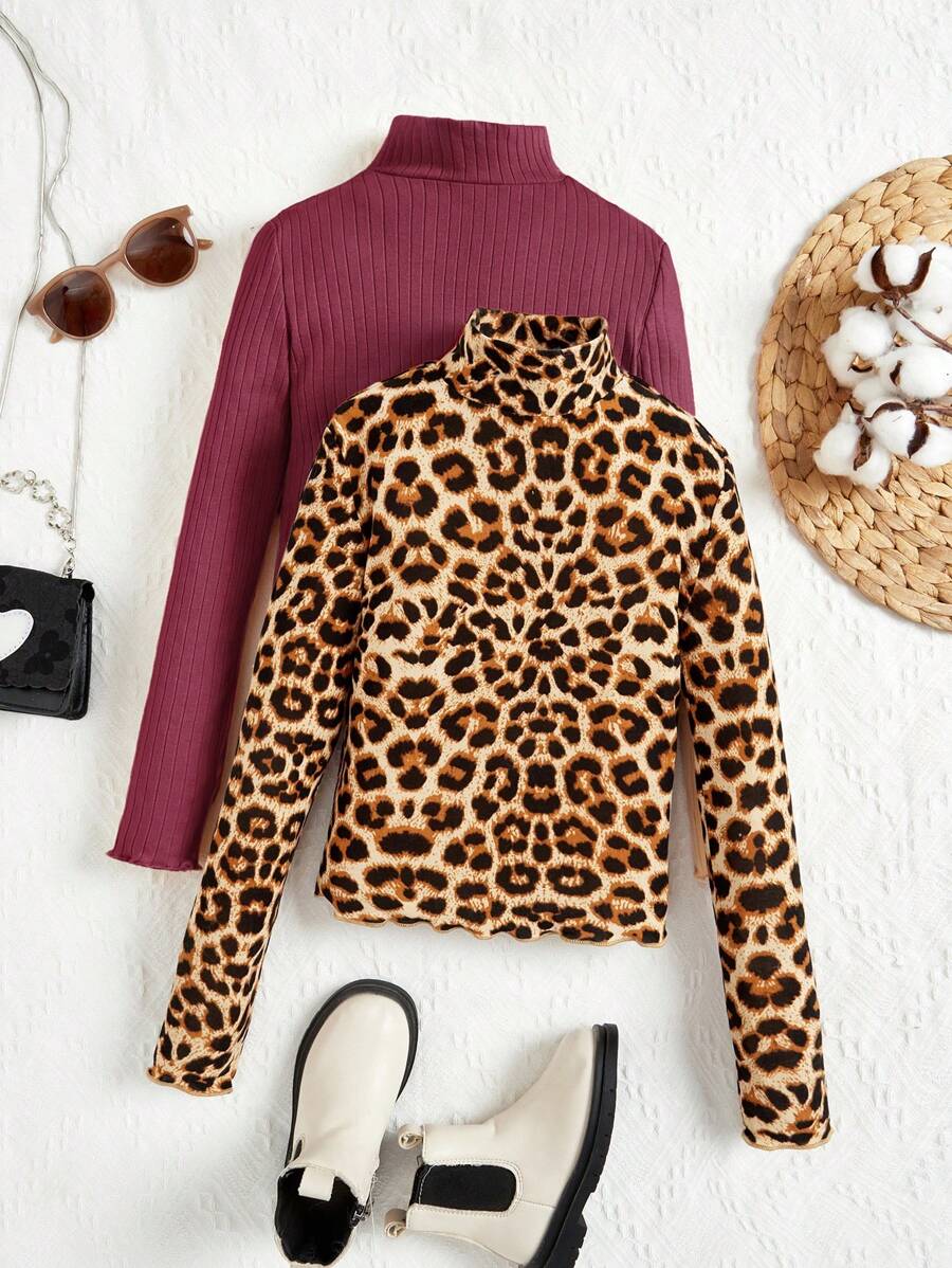 Tween Girl 2pcs Leopard Print Mock Neck Tee - Burgundy - View 1