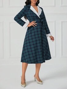 SHEIN Lady Lapel Neck Tie Side Plaid Dress - Multicolor - View 4