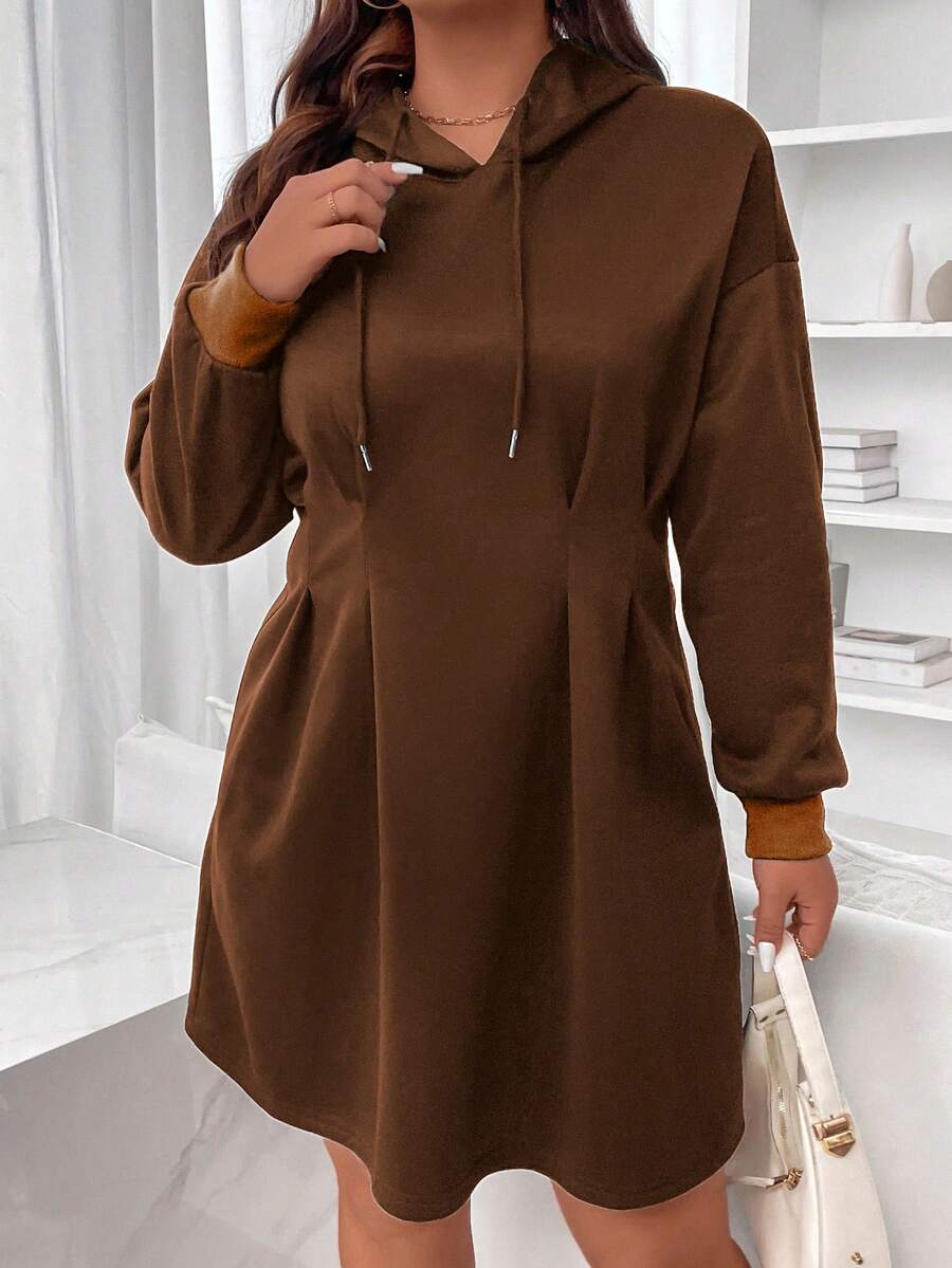 Flirla 大尺碼女款抽繩衛衣連身裙 - 咖啡棕 - 查看 1