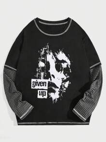 ROMWE MEN Goth 男士个性化印花条纹拼接二合一T恤 - 黑色 - 查看 1