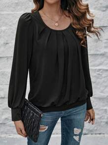 SHEIN LUNE Solid Plicated Detail Lantern Sleeve Sweatshirt - Black - View 5