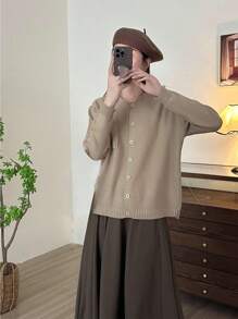 Fashionable Spring And Autumn New Arrival Casual Round Neck Cardigan - Apricot - View 1