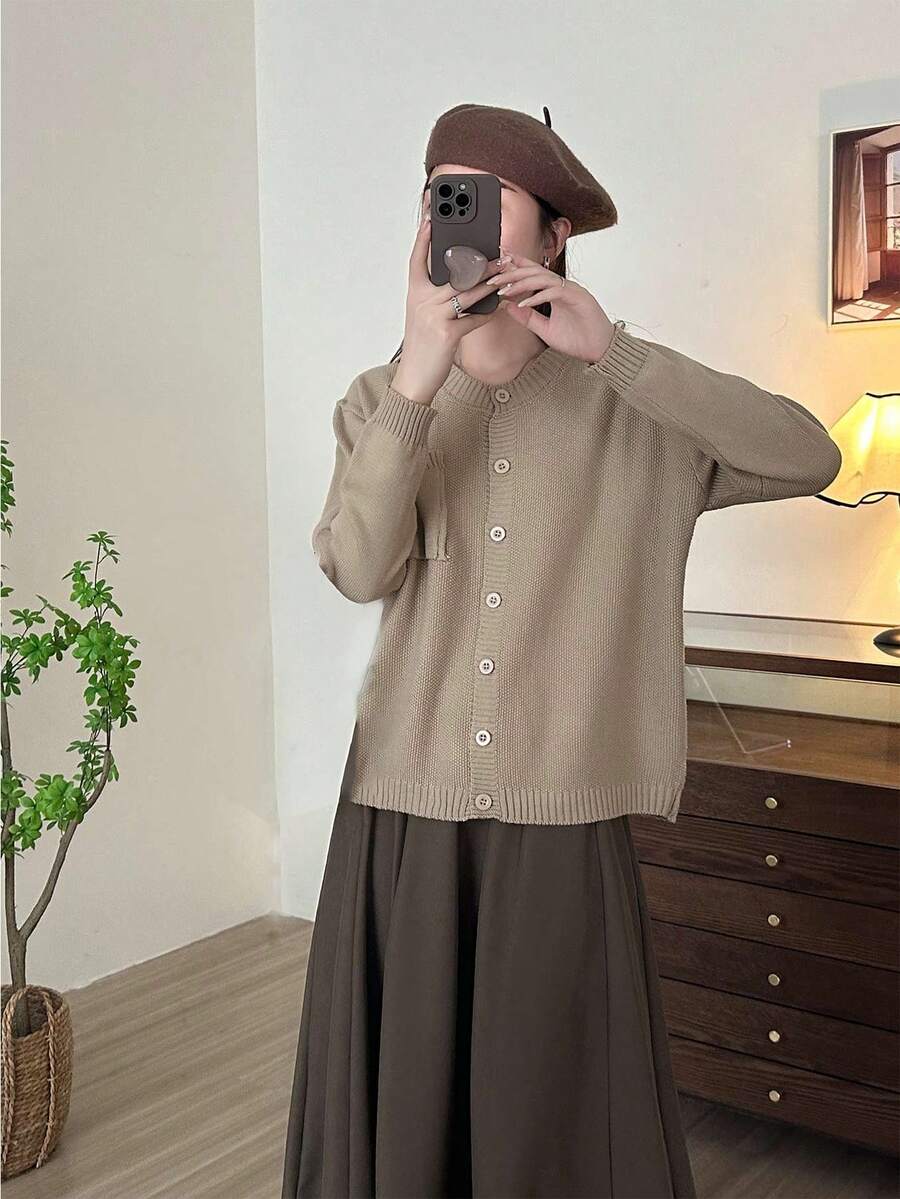 Fashionable Spring And Autumn New Arrival Casual Round Neck Cardigan - Apricot - View 1