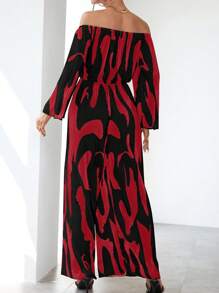 SHEIN Privé 女性圖案一字肩闊腿連體褲 - 紅色 - 查看 2