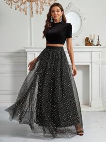 SHEIN Belle Velvet Crop Tee & Mesh Overlay Skirt - Black - View 4