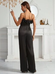 SHEIN Belle 3D網紗貼花邊繞頸派對連身褲 - 黑色 - 查看 2