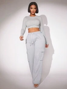 SHEIN SXY Quần bó sát eo dây rút có túi nắp ở hai bên - Xám - Xem 4