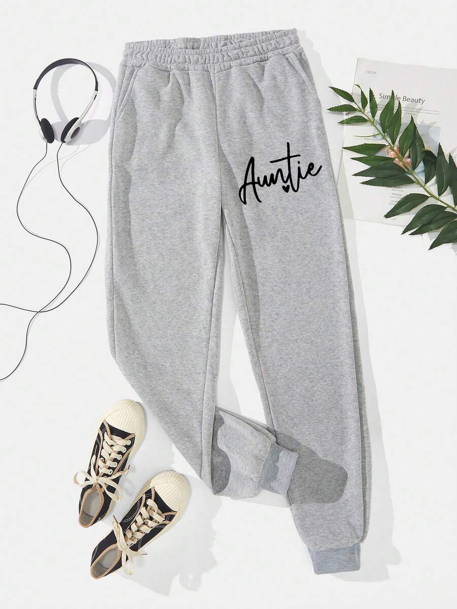 SHEIN LUNE 女士休閒彈性腰帶字母印花運動長褲 - 灰色 - 查看 1