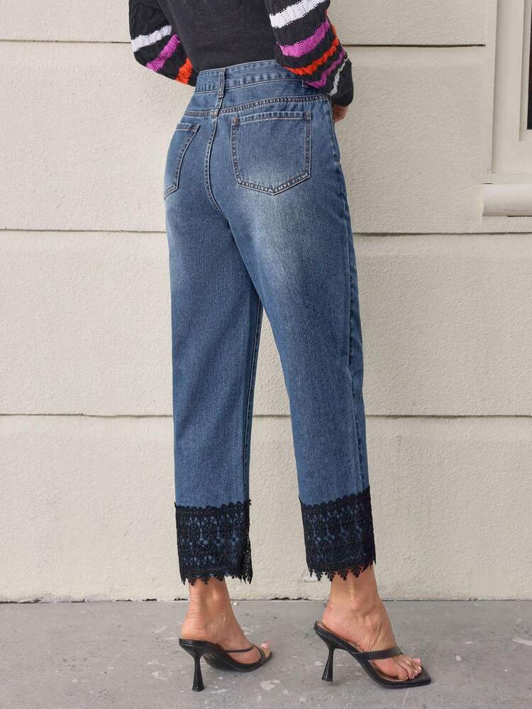 Women's Lace Patchwork Straight Leg Jeans